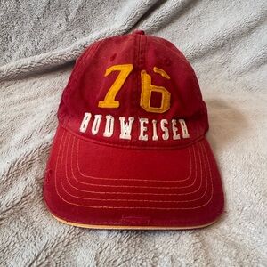 Budweiser 76 Red Adjustable Strap Distressed Cap with Yellow Embroidery
